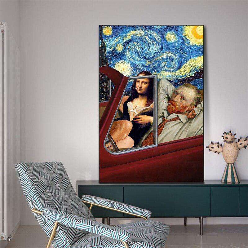 Van Gogh & Mona Lisa Driving Starry Night Canvas Posters | Oil Paintings on Canvas Home Wall Decor | Rebel Aesthetics